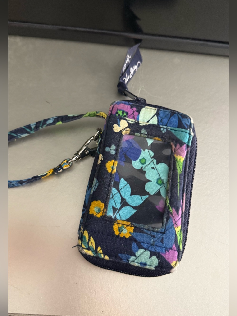 Vera Bradley Navy Floral ID Wristlet with Teal, Yellow & Purple Flowers